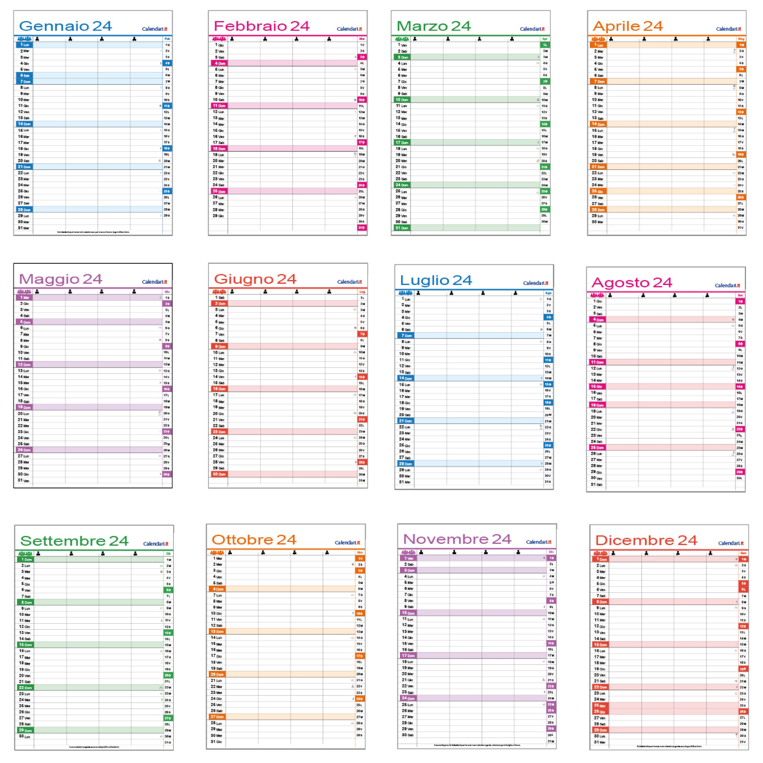 Calendario 2024 famiglia family da 1 a 8 colonne da muro 12 mesi