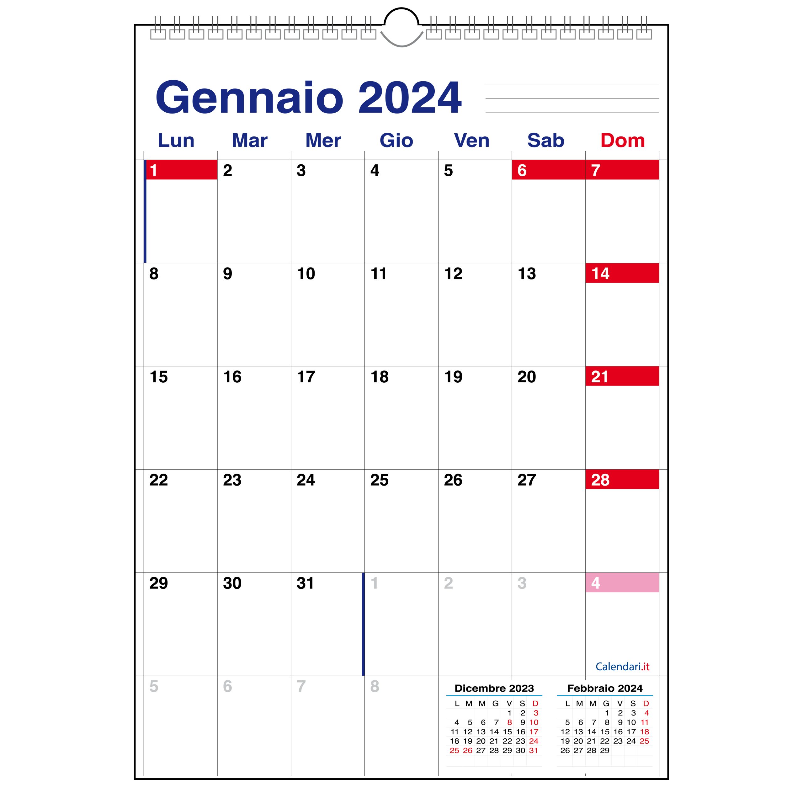 Calendario 2024 con 12 mesi a caselle tabellare mensile Calendari.it