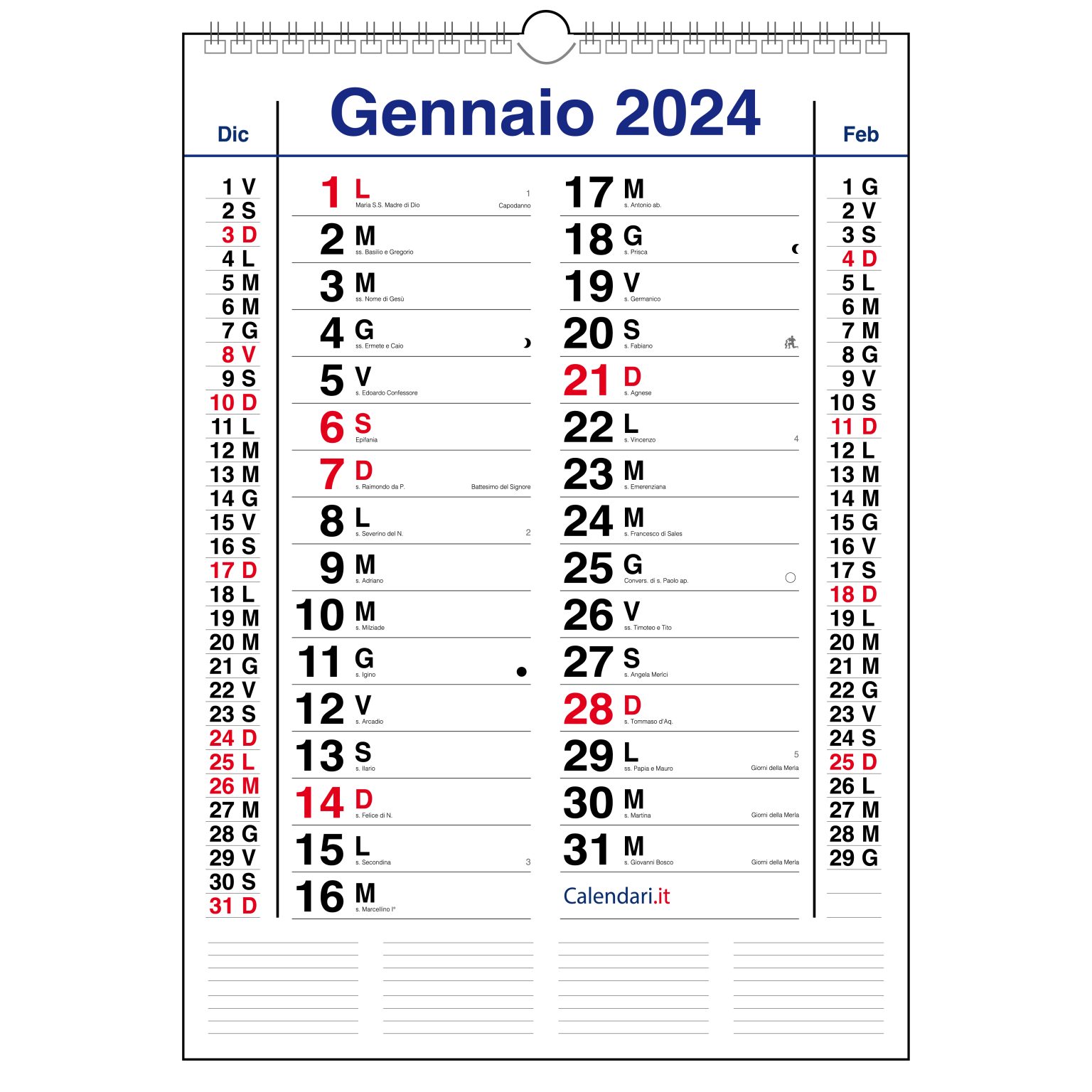 Calendario 2024 olandese da muro mensile con santi, lune e settimane