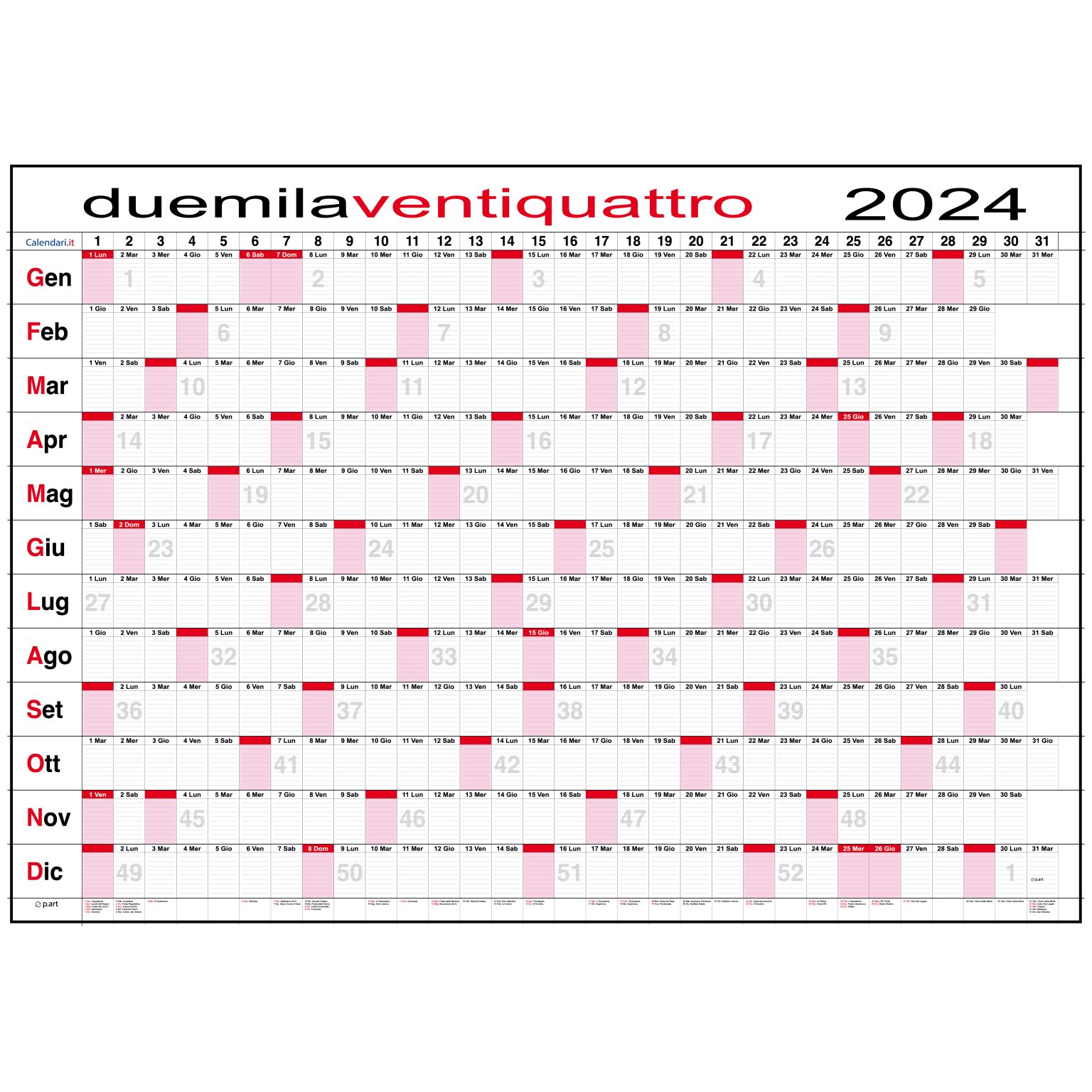 Calendario 2024 planner planning caselle giornaliero muro calendari.it