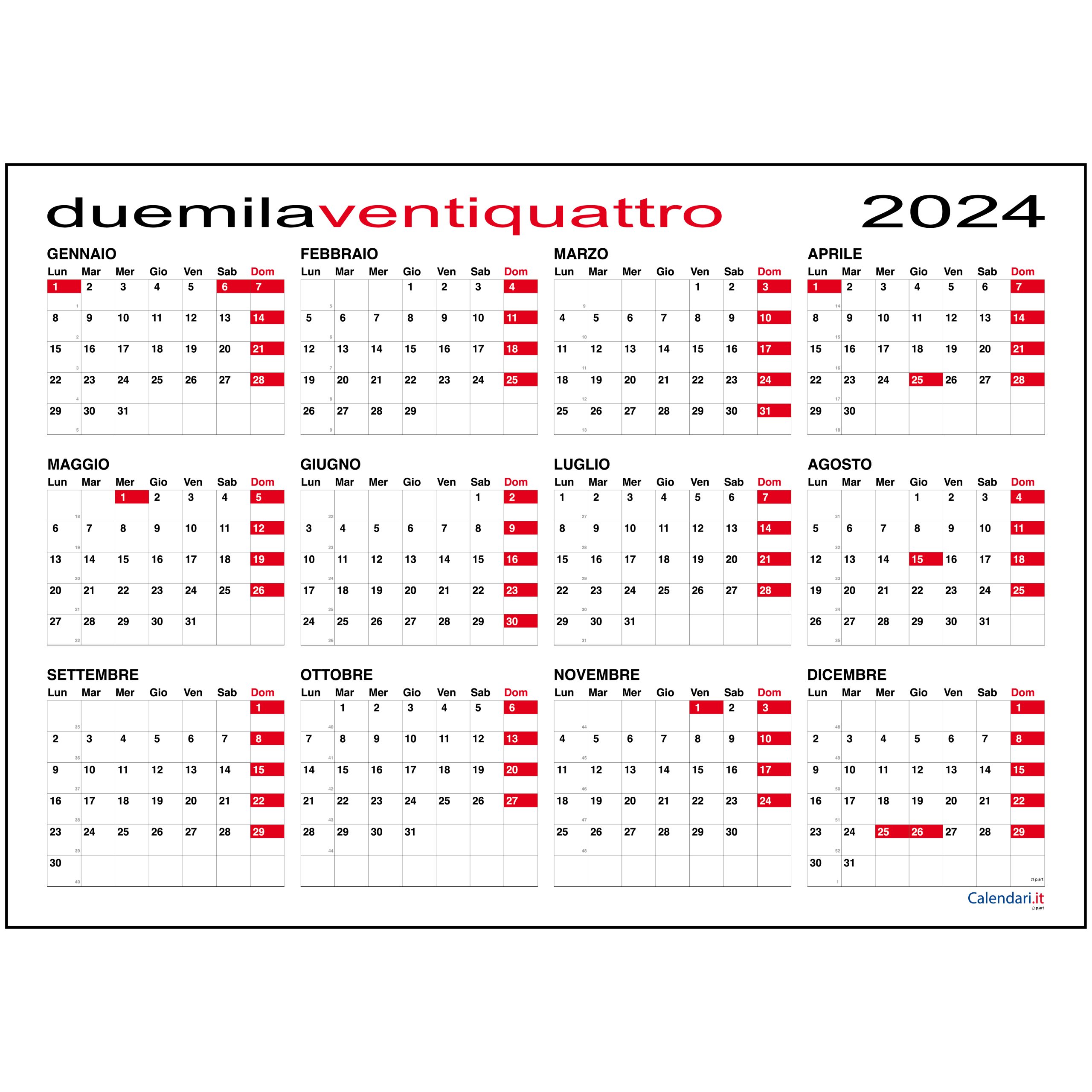 Calendario 2024 planner planning tabelle giornaliero muro