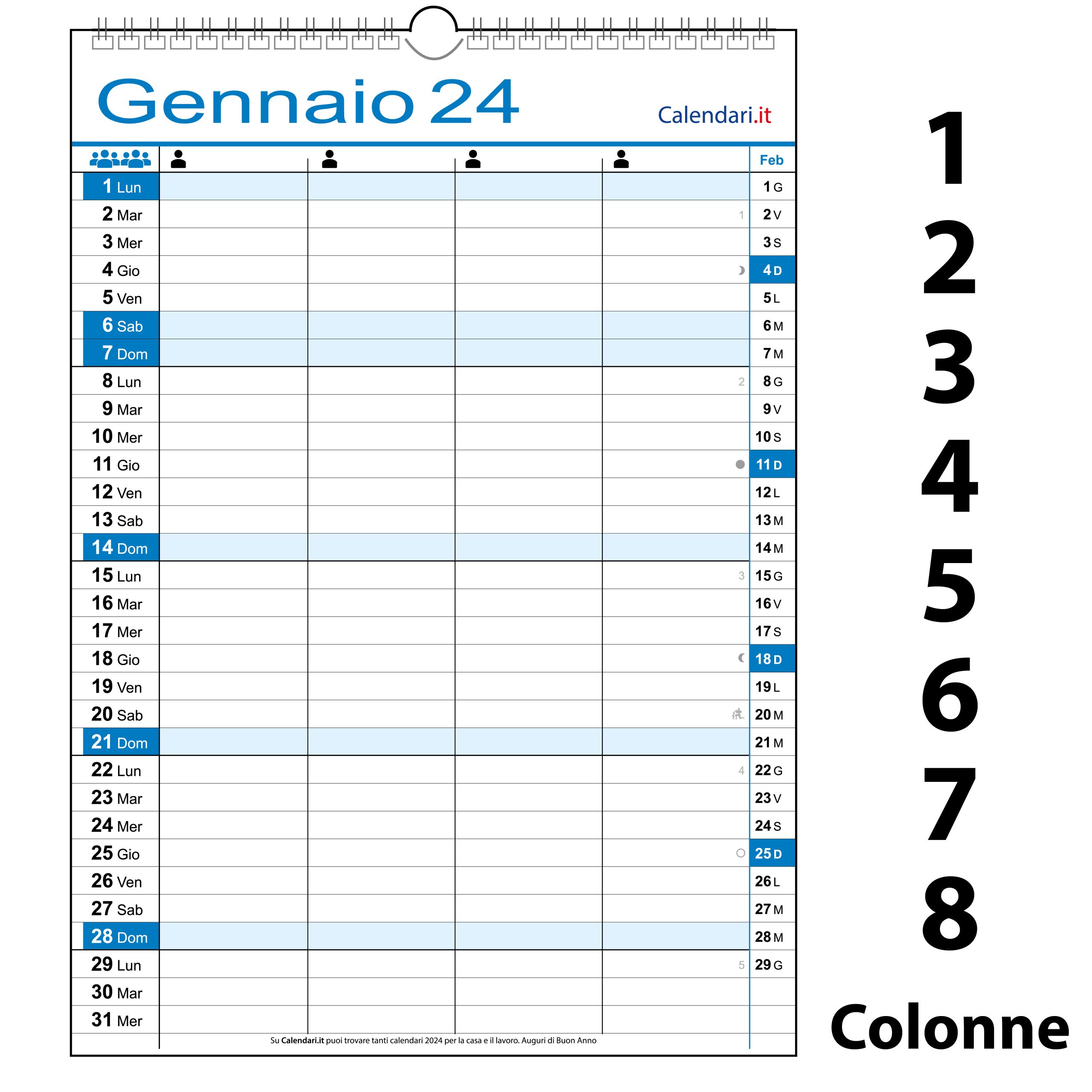 Calendario 2024 famiglia family da 1 a 8 colonne da muro 12 mesi -   - calendari 2024 - calendario 2024 - planner - agende - settimanali -  famiglia - calendario da tavolo - sottomano