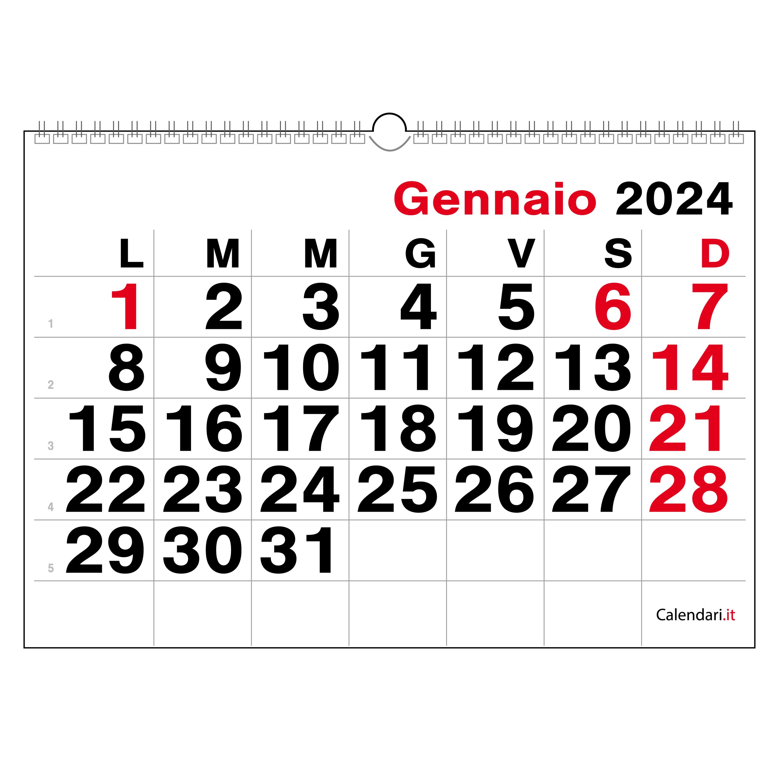 Calendario 2024 numeri grandi orizzontale da muro