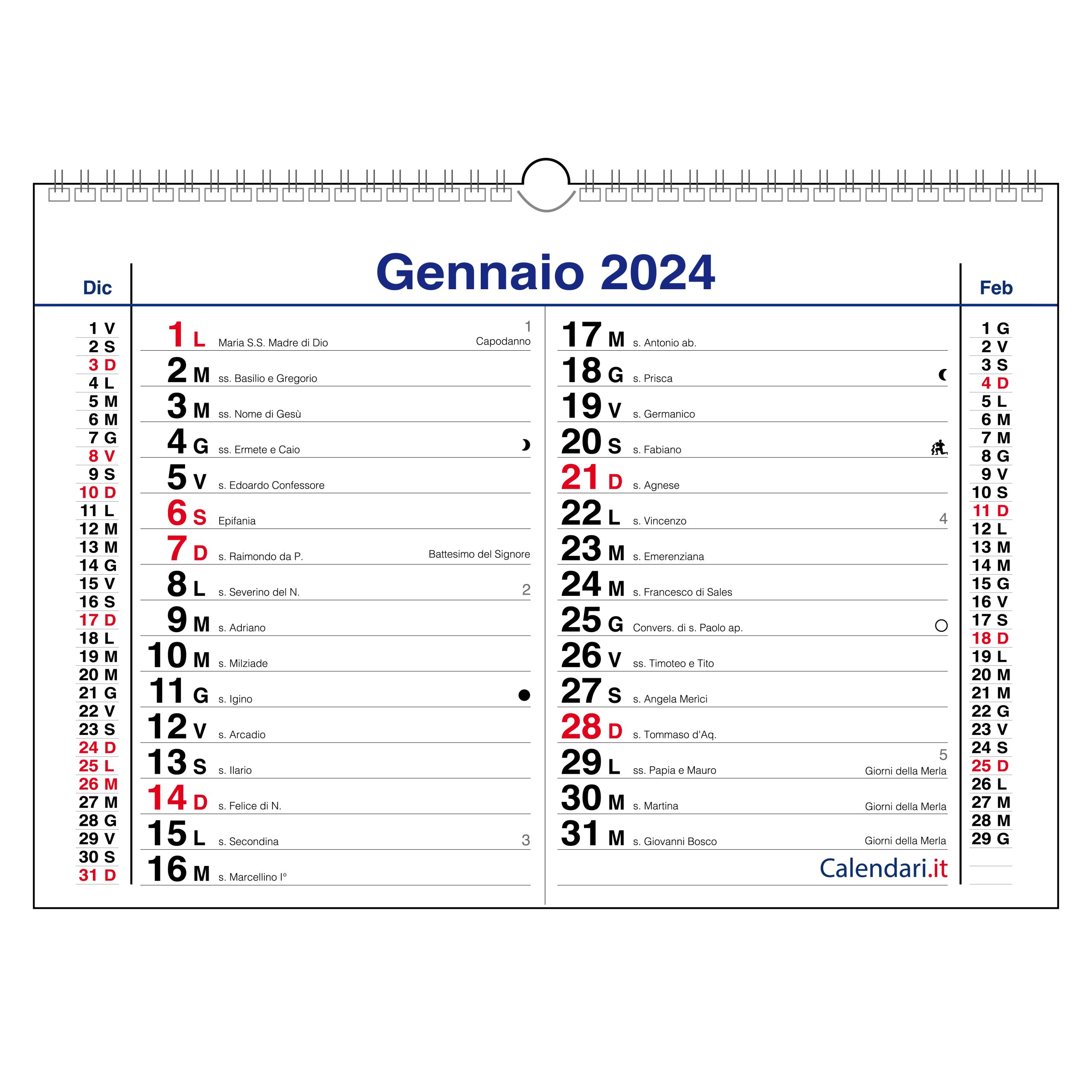 Calendario 2024 olandese da muro mensile con santi, lune e settimane