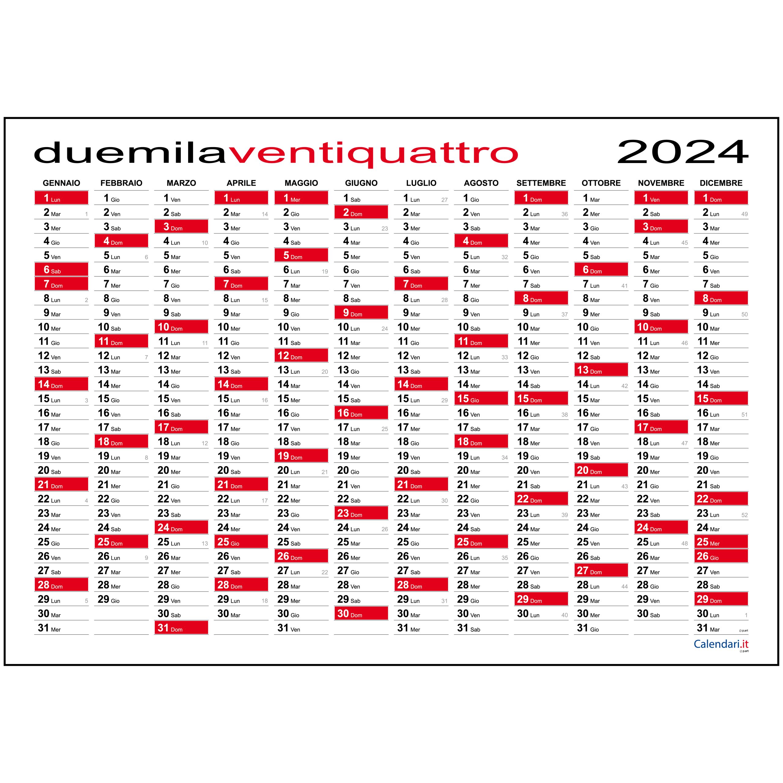 Calendario 2024 Tabellare giornaliero planner 118x84 cm planning da muro  maxi