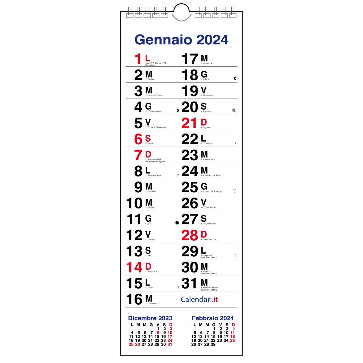 Calendario 2024 da muro stretto slim sottile righe per appunti, santi