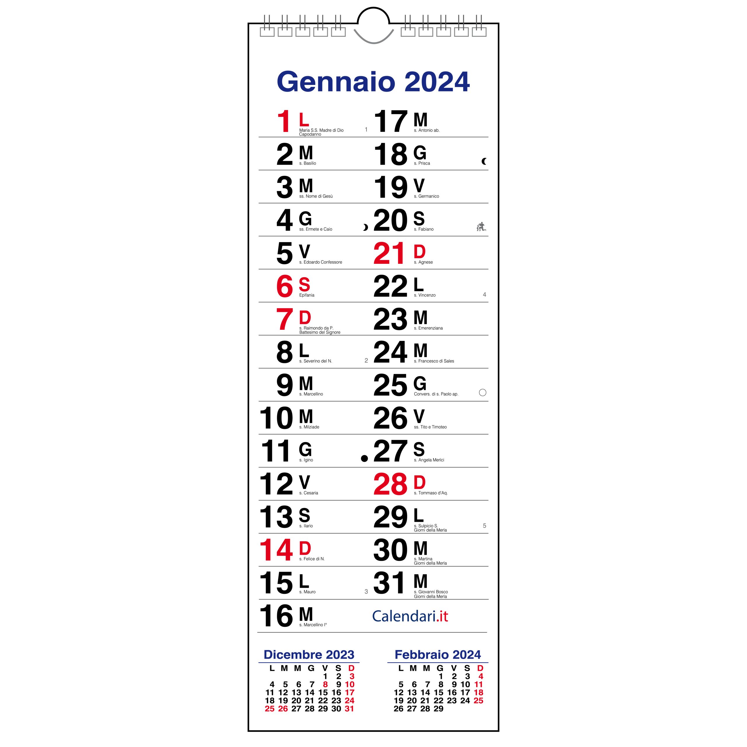 Calendario 2024 da muro stretto slim sottile righe per appunti, santi lune  12 mesi