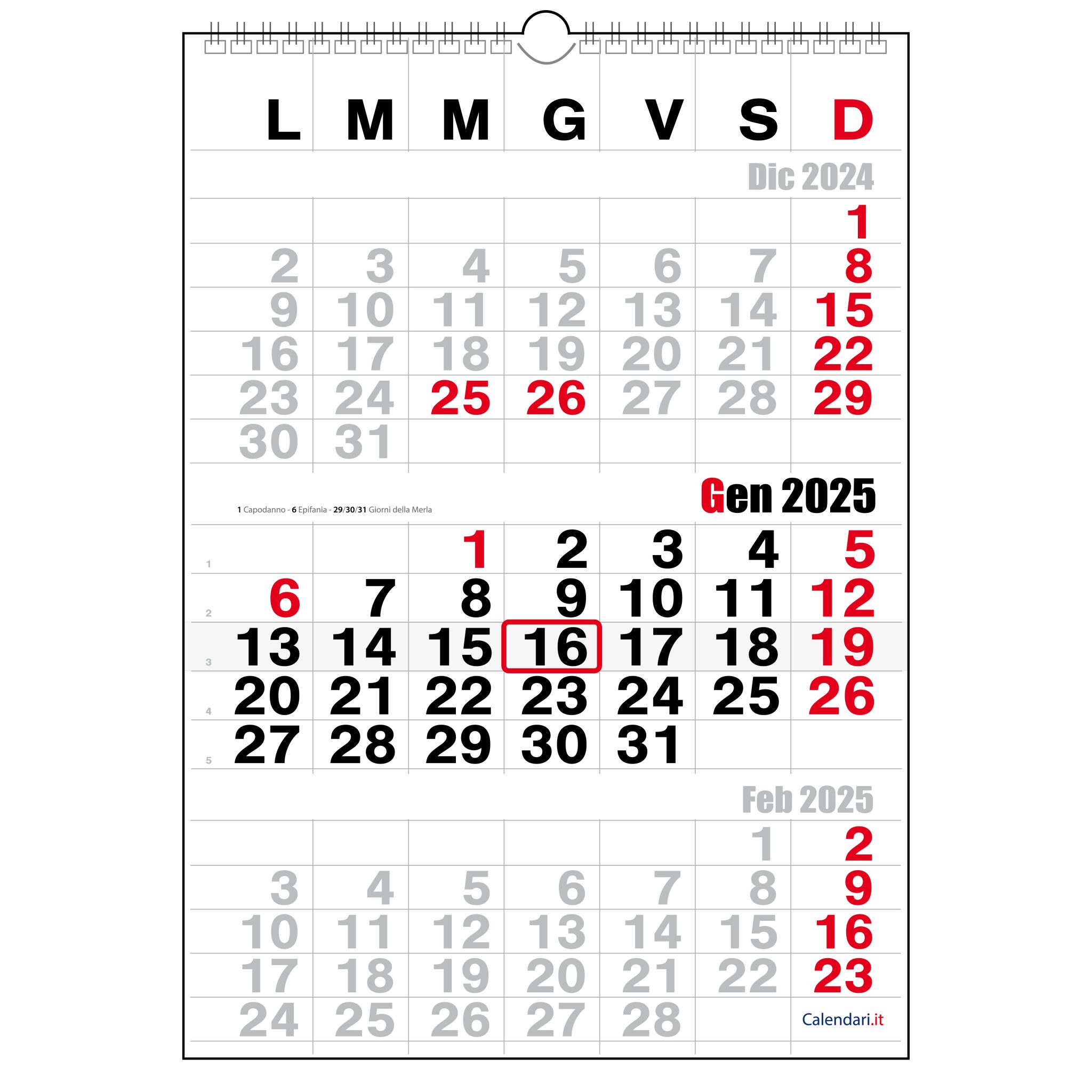 Calendario 2025 da muro 3 mesi modello trittico ufficio