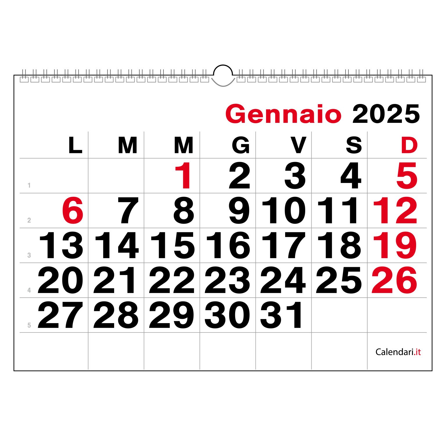 Calendario 2025 numeri grandi orizzontale da muro