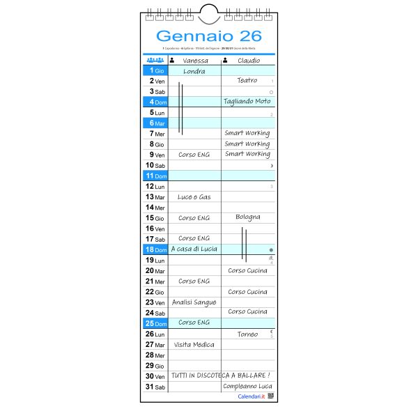 Calendario 2026 famiglia family SLIM da 1 a 4 colonne stretto da muro 12 mesi - immagine 3