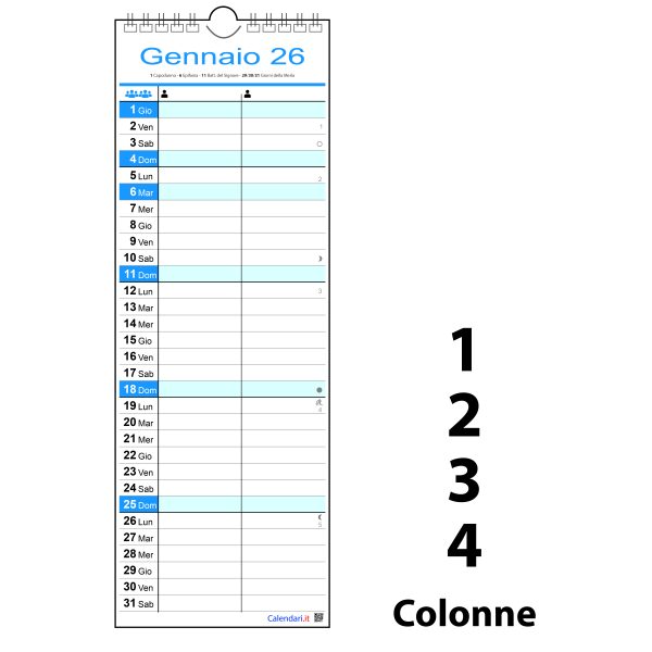 Calendario 2026 famiglia family SLIM da 1 a 4 colonne stretto da muro 12 mesi