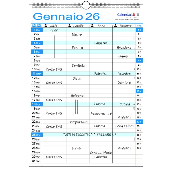 Calendario 2026 famiglia family da 1 a 8 colonne da muro 12 mesi - immagine 3