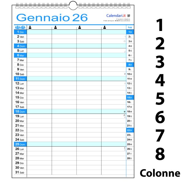 Calendario 2026 famiglia family da 1 a 8 colonne da muro 12 mesi