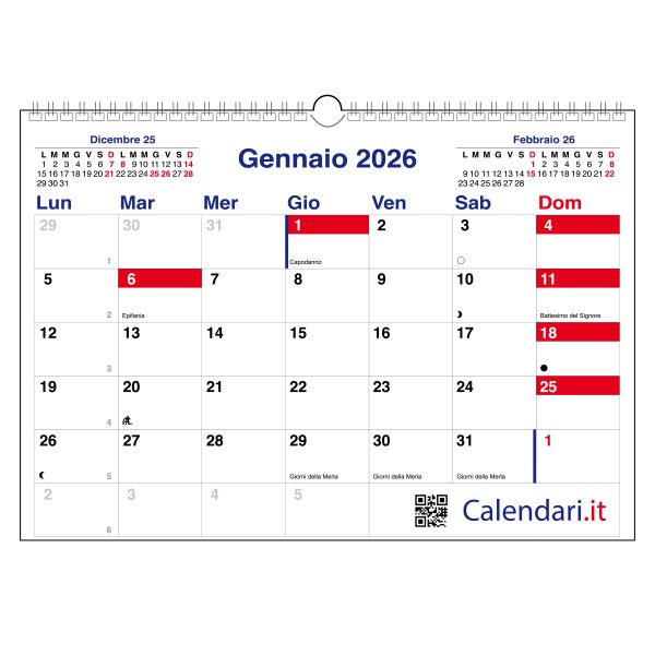 Calendario 2026 da muro a caselle tabellare orizzontale mensile