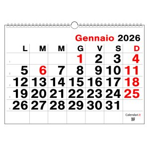Calendario 2026 numeri grandi orizzontale da muro