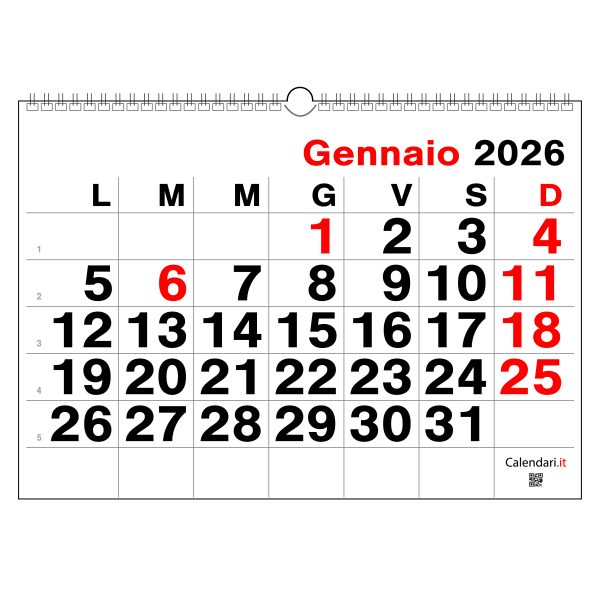 Calendario 2026 numeri grandi orizzontale da muro