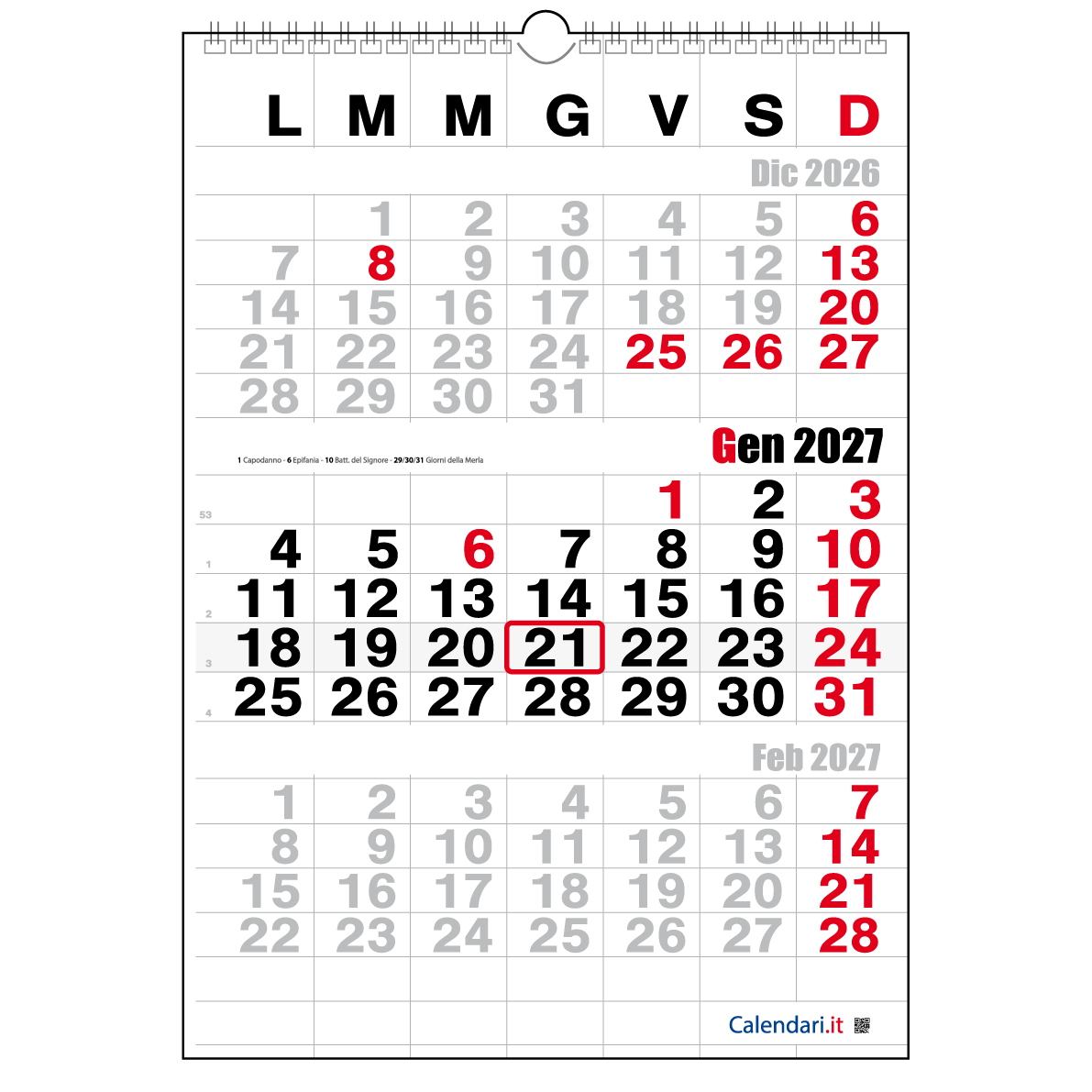 Calendario 2027 da muro 3 mesi modello trittico ufficio