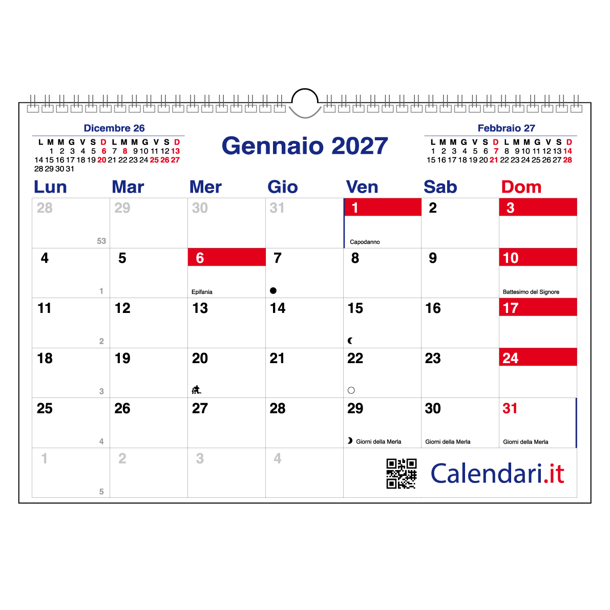 Calendario 2027 da muro a caselle tabellare orizzontale mensile