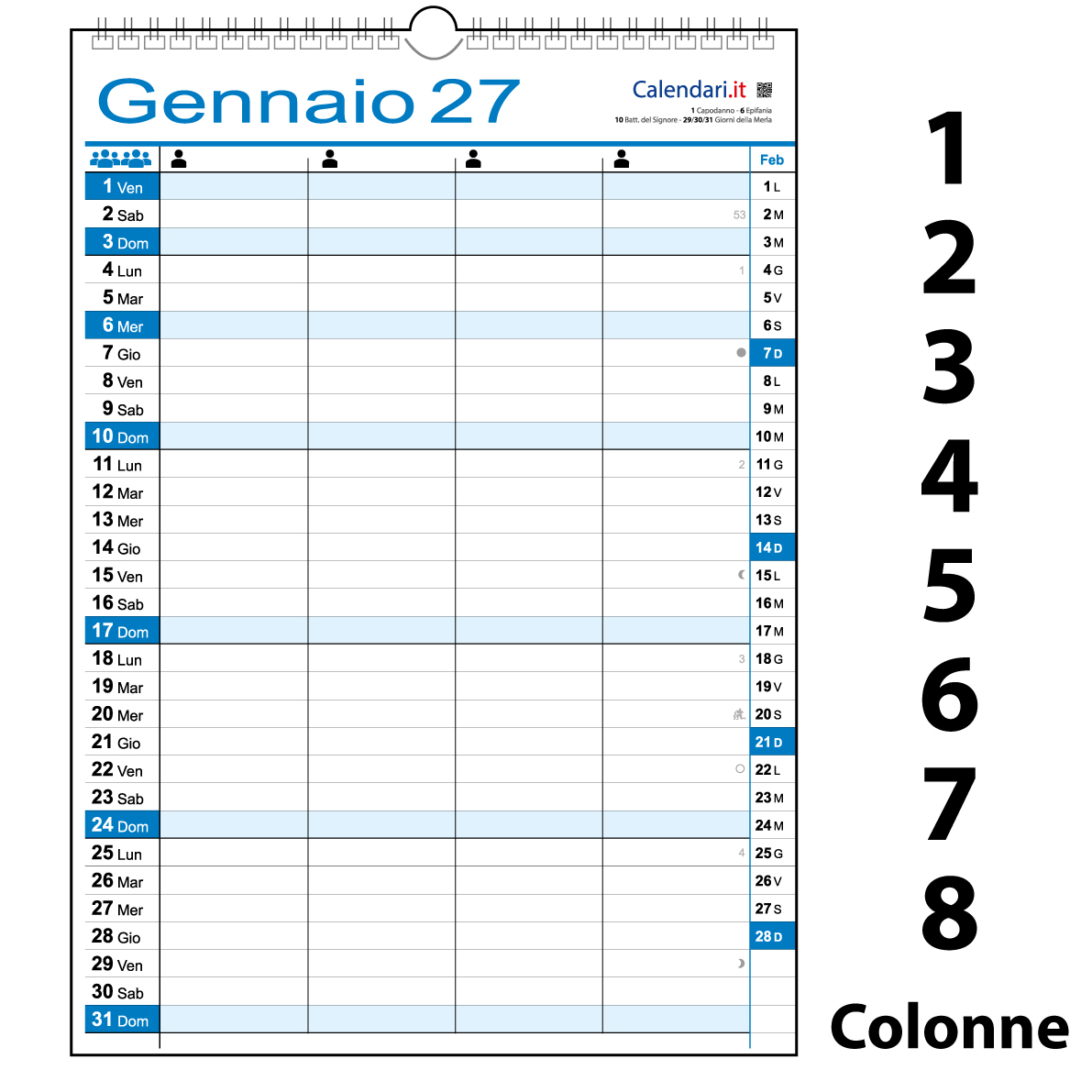 Calendario 2027 famiglia family lavoro da 1 a 8 colonne da muro 12 mesi