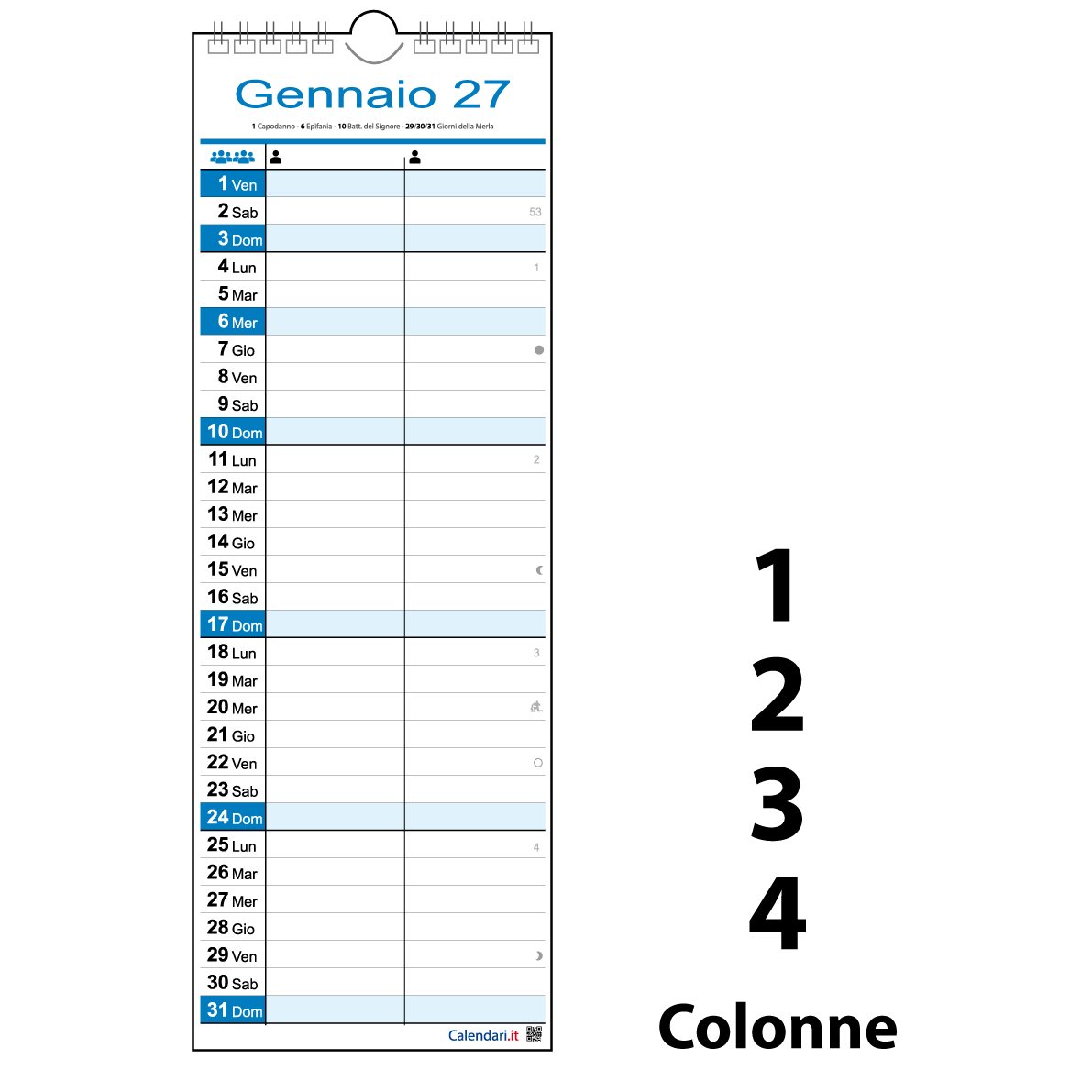 Calendario 2027 famiglia family lavoro SLIM da 1 a 4 colonne stretto da muro 12 mesi
