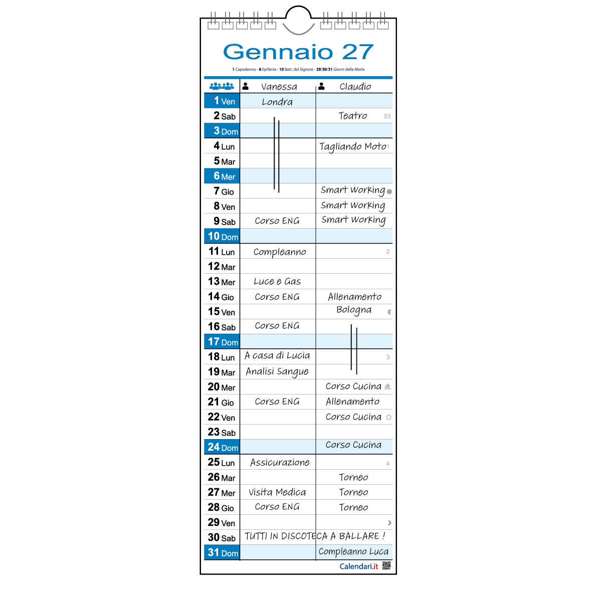 Calendario 2027 famiglia family lavoro SLIM da 1 a 4 colonne stretto da muro 12 mesi - immagine 3
