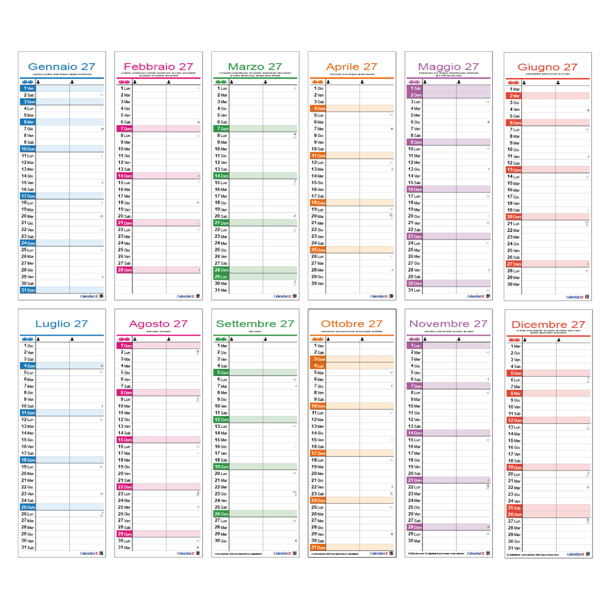 Calendario 2027 famiglia family lavoro SLIM da 1 a 4 colonne stretto da muro 12 mesi - immagine 4