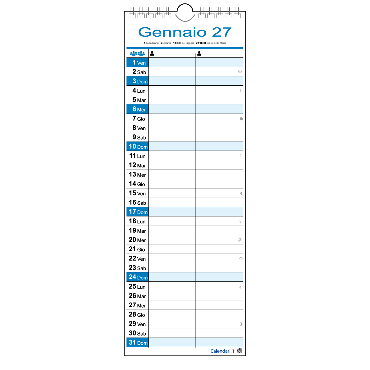 Calendario 2027 famiglia family lavoro SLIM da 1 a 4 colonne stretto da muro 12 mesi - immagine 2