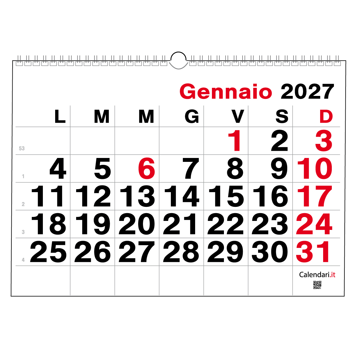 Calendario 2027 numeri grandi orizzontale da muro