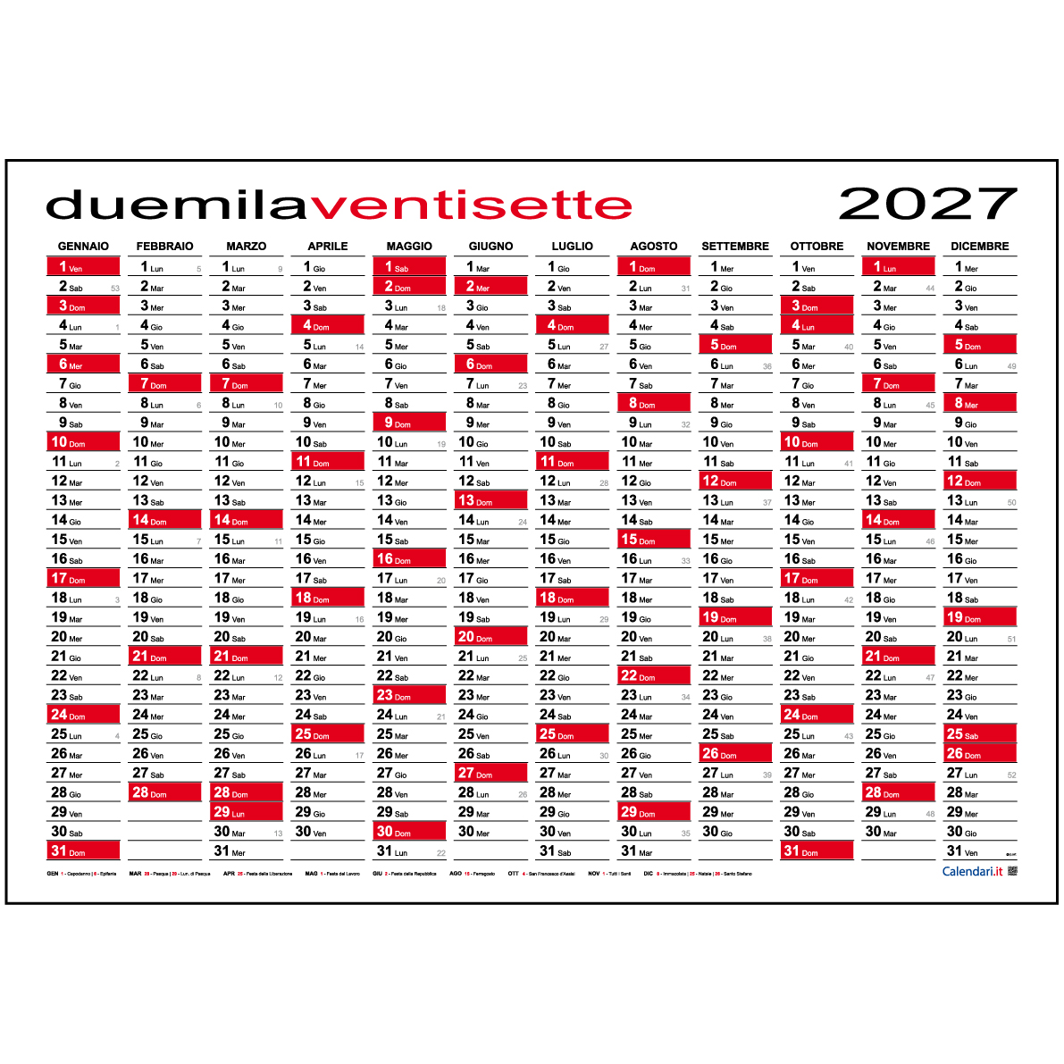 Calendario 2027 Planner planning da muro 118x84 cm Maxi o 84x60 cm standard calendario 2027 annuale
