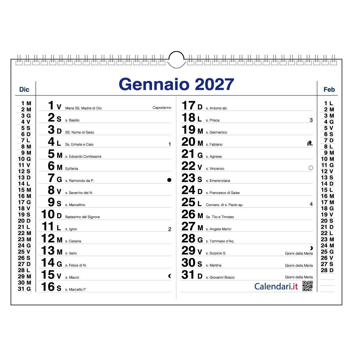 Calendario 2027 da muro orizzontale con più spazio per scrivere